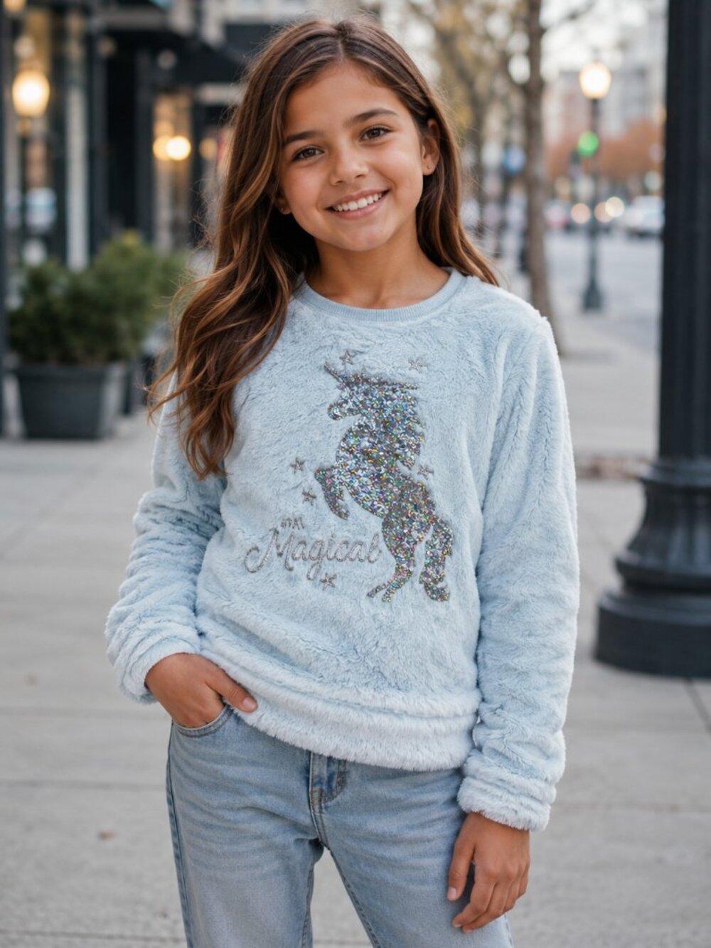 bmagical by btween Girls Plush Unicorn Sequin Magical Sweatshirt Size 10 Blue